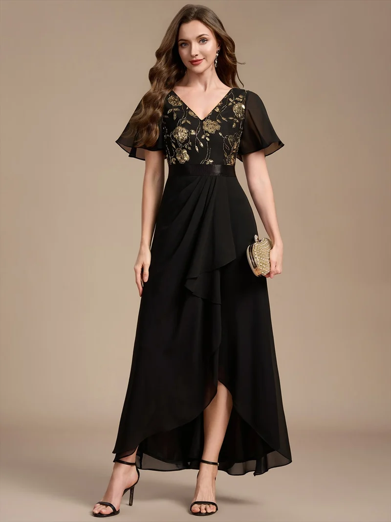 Robe longue de mère de la mariée en mousseline à paillettes, col V et ourlet asymétrique