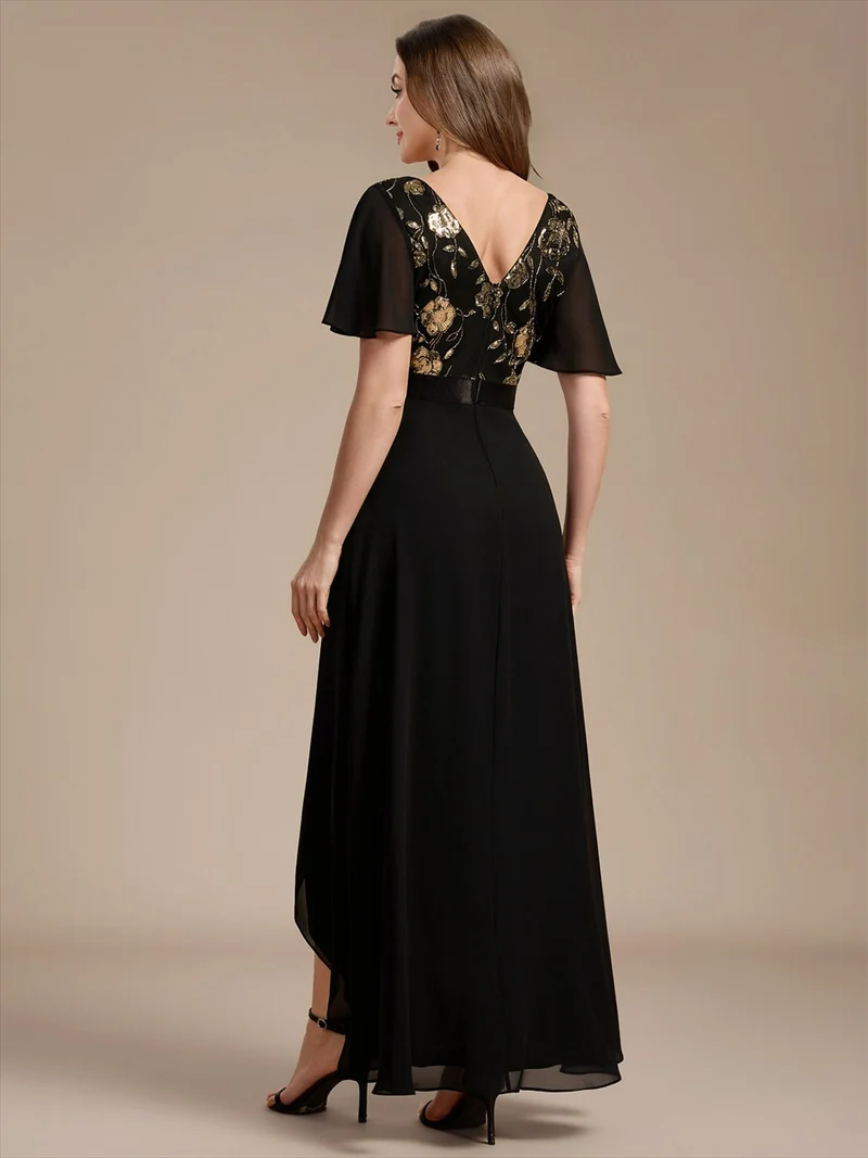 Robe longue de mère de la mariée en mousseline à paillettes, col V et ourlet asymétrique