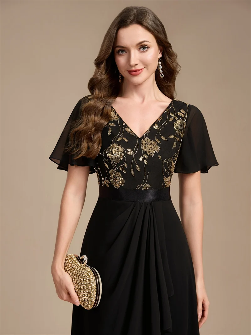 Robe longue de mère de la mariée en mousseline à paillettes, col V et ourlet asymétrique