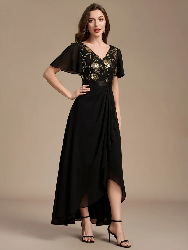 Robe longue de mère de la mariée en mousseline à paillettes, col V et ourlet asymétrique