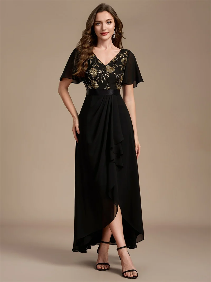 Robe longue de mère de la mariée en mousseline à paillettes, col V et ourlet asymétrique