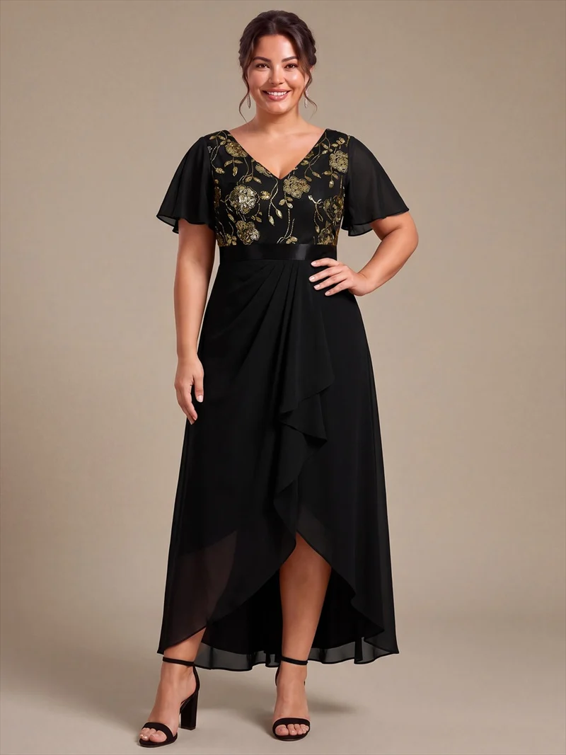 Robe longue de mère de la mariée en mousseline à paillettes, col V et ourlet asymétrique