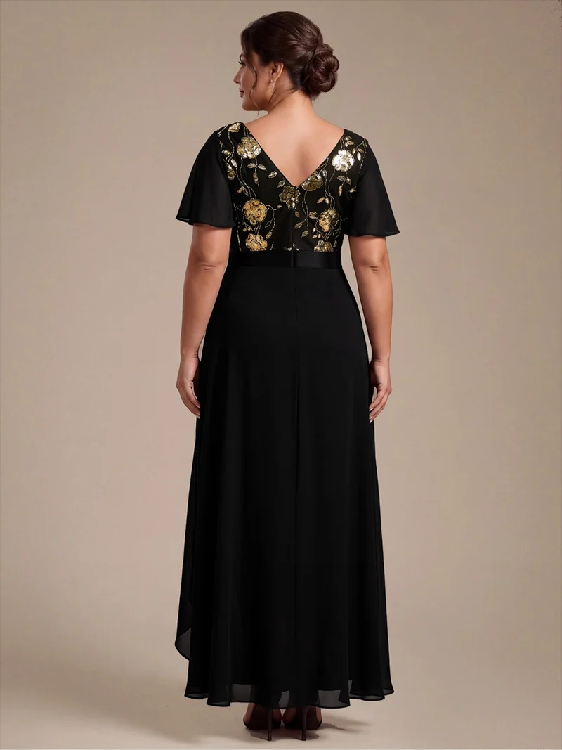 Robe longue de mère de la mariée en mousseline à paillettes, col V et ourlet asymétrique