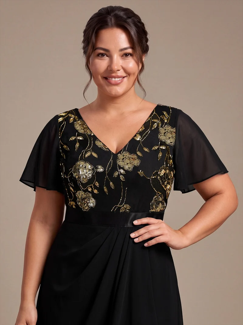Robe longue de mère de la mariée en mousseline à paillettes, col V et ourlet asymétrique
