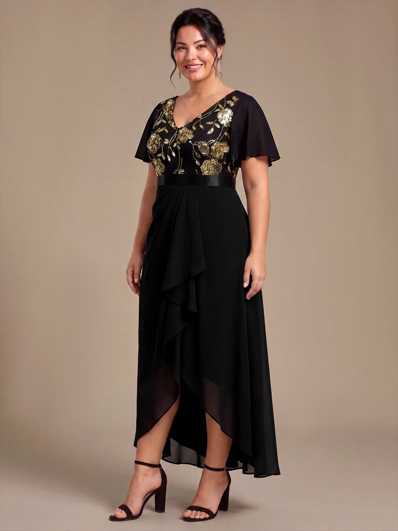 Robe longue de mère de la mariée en mousseline à paillettes, col V et ourlet asymétrique
