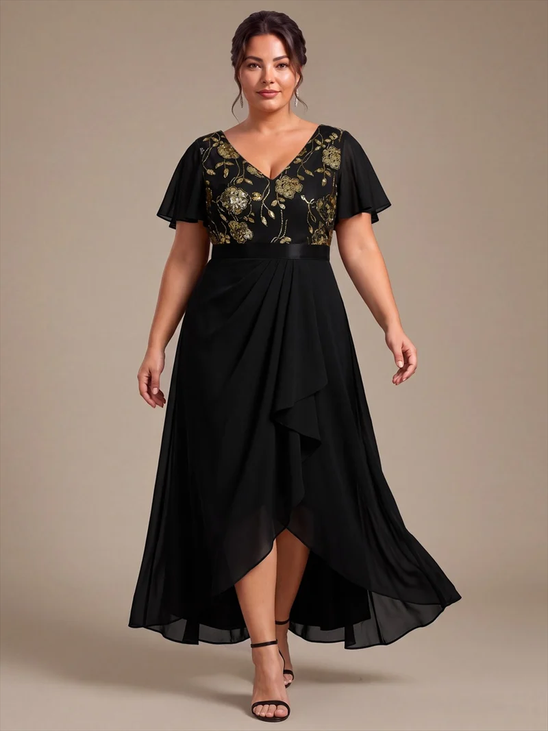 Robe longue de mère de la mariée en mousseline à paillettes, col V et ourlet asymétrique