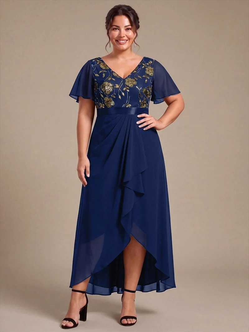 Robe longue de mère de la mariée en mousseline à paillettes, col V et ourlet asymétrique
