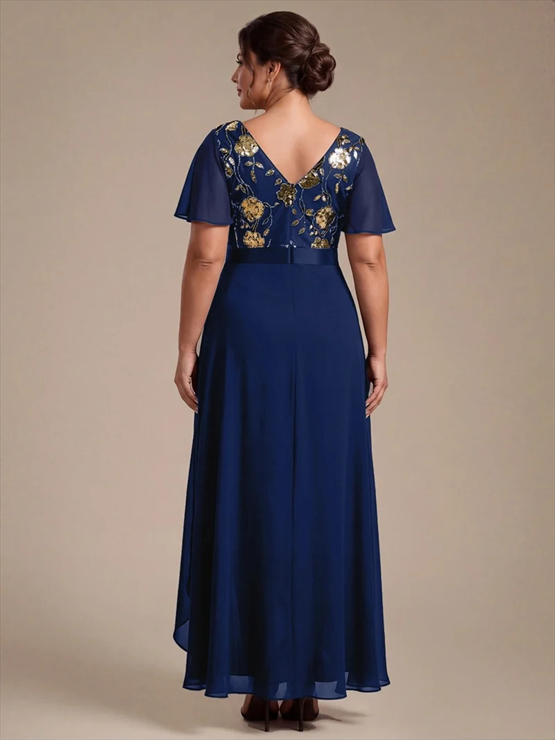 Robe longue de mère de la mariée en mousseline à paillettes, col V et ourlet asymétrique