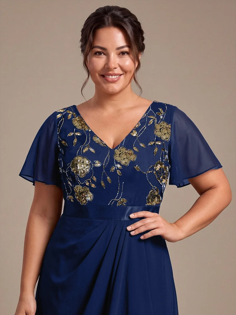 Robe longue de mère de la mariée en mousseline à paillettes, col V et ourlet asymétrique