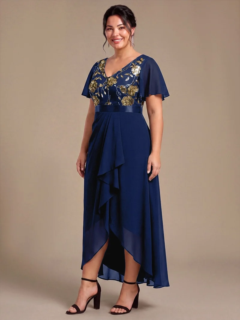 Robe longue de mère de la mariée en mousseline à paillettes, col V et ourlet asymétrique