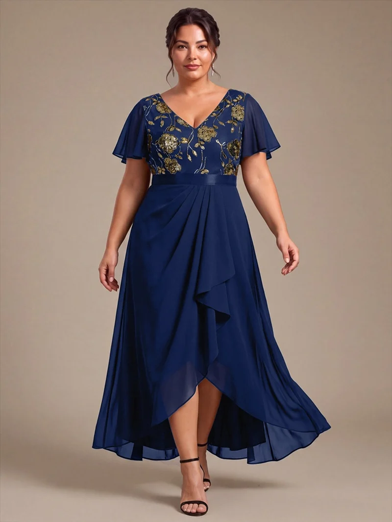 Robe longue de mère de la mariée en mousseline à paillettes, col V et ourlet asymétrique