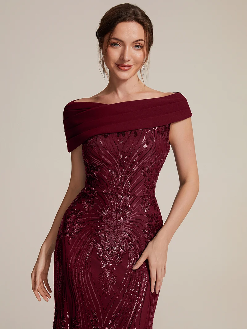 Robe de soirée longue à paillettes, col asymétrique et épaules dénudées