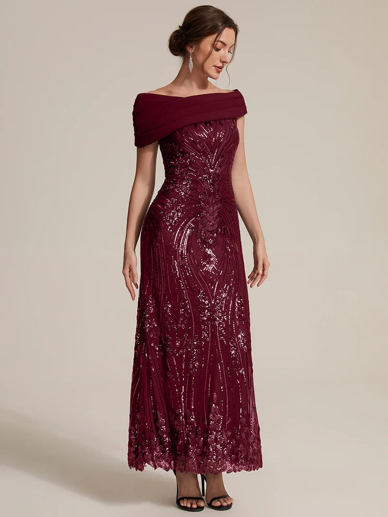 Robe de soirée longue à paillettes, col asymétrique et épaules dénudées