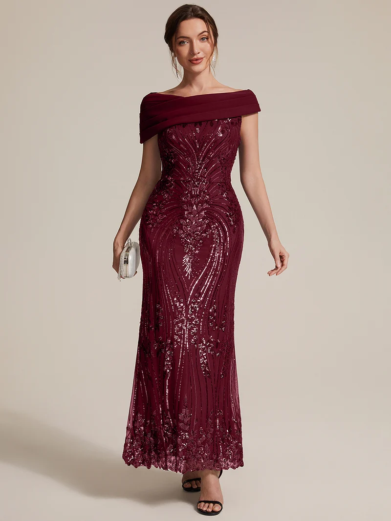 Robe de soirée longue à paillettes, col asymétrique et épaules dénudées