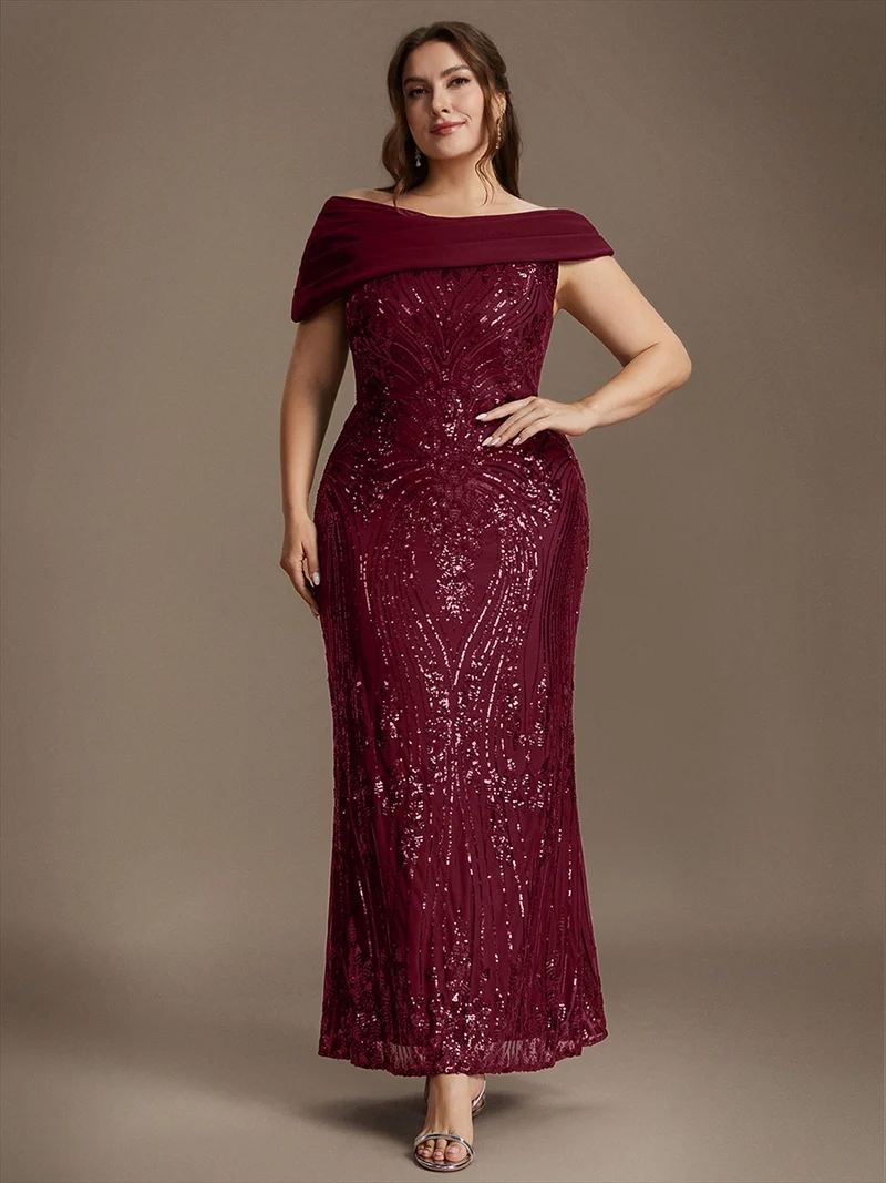 Robe de soirée longue à paillettes, col asymétrique et épaules dénudées