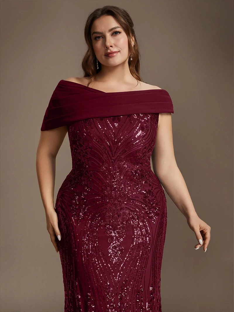 Robe de soirée longue à paillettes, col asymétrique et épaules dénudées