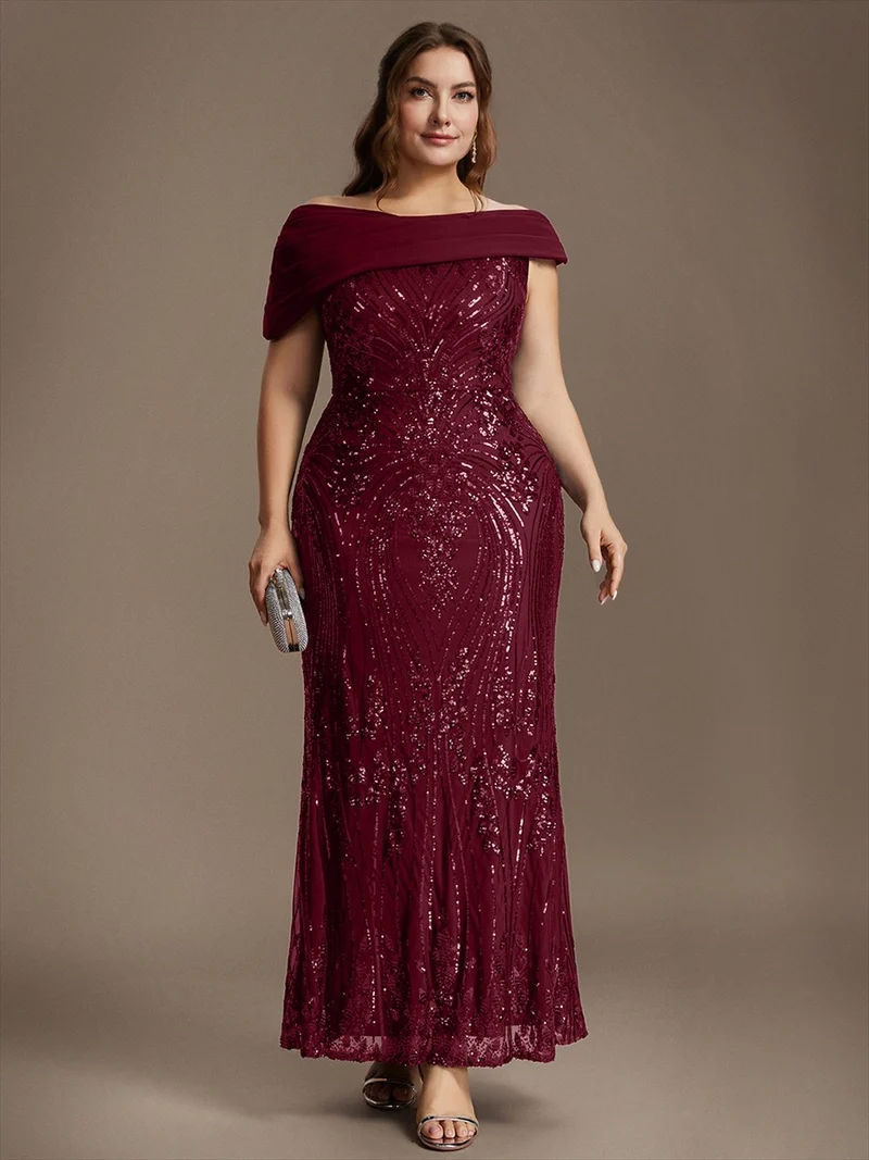 Robe de soirée longue à paillettes, col asymétrique et épaules dénudées