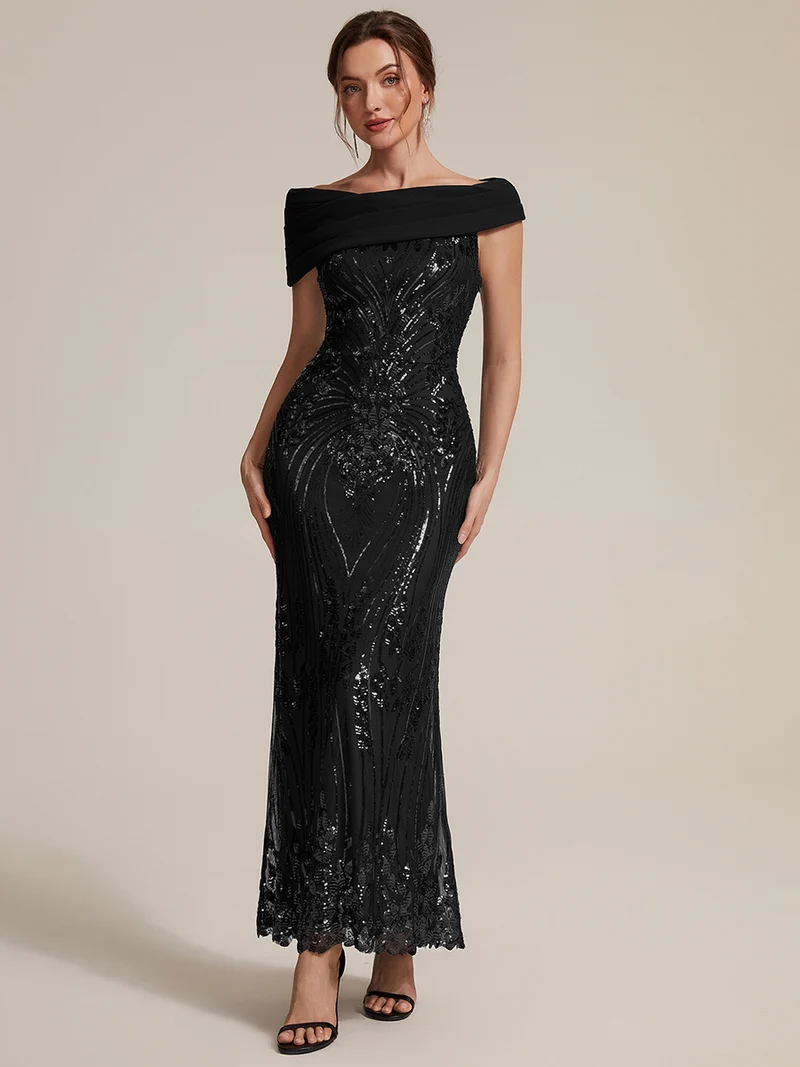 Robe de soirée longue à paillettes, col asymétrique et épaules dénudées