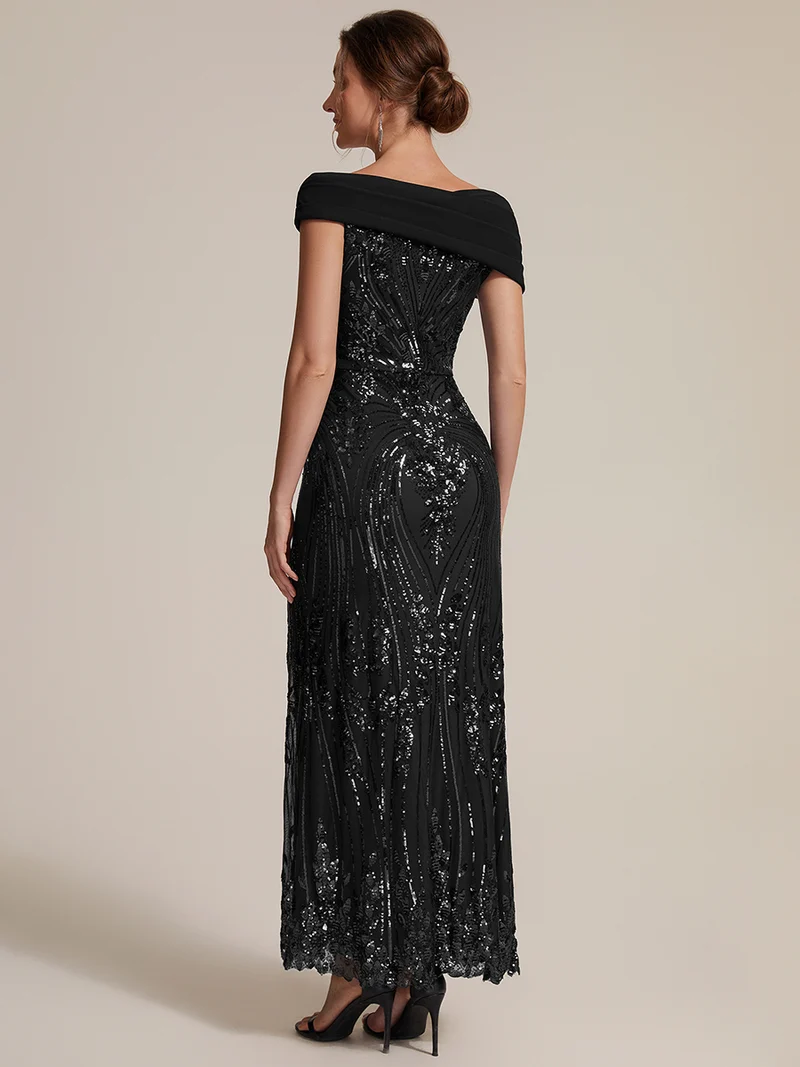 Robe de soirée longue à paillettes, col asymétrique et épaules dénudées