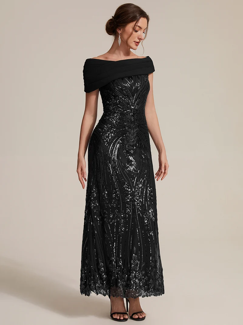 Robe de soirée longue à paillettes, col asymétrique et épaules dénudées