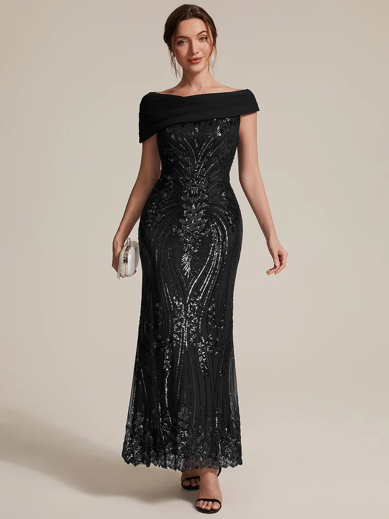 Robe de soirée longue à paillettes, col asymétrique et épaules dénudées
