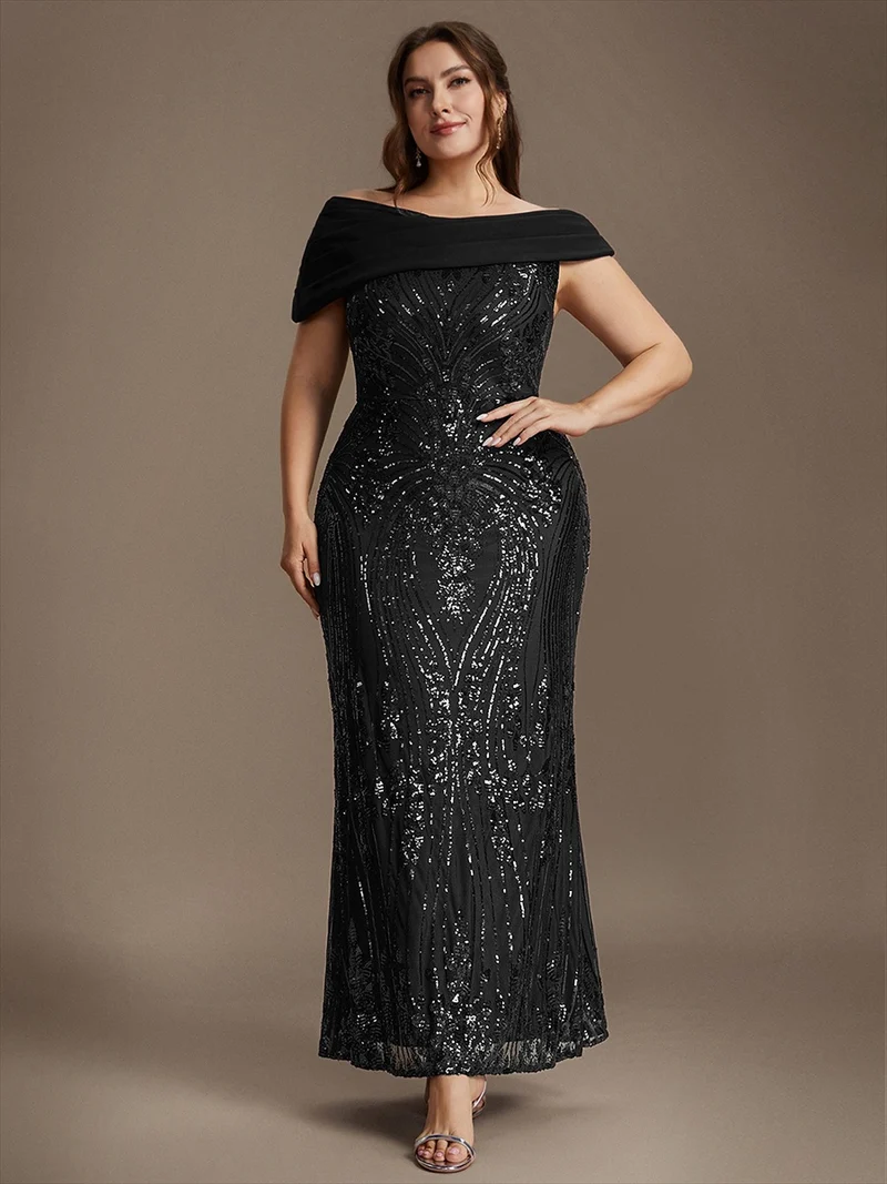 Robe de soirée longue à paillettes, col asymétrique et épaules dénudées