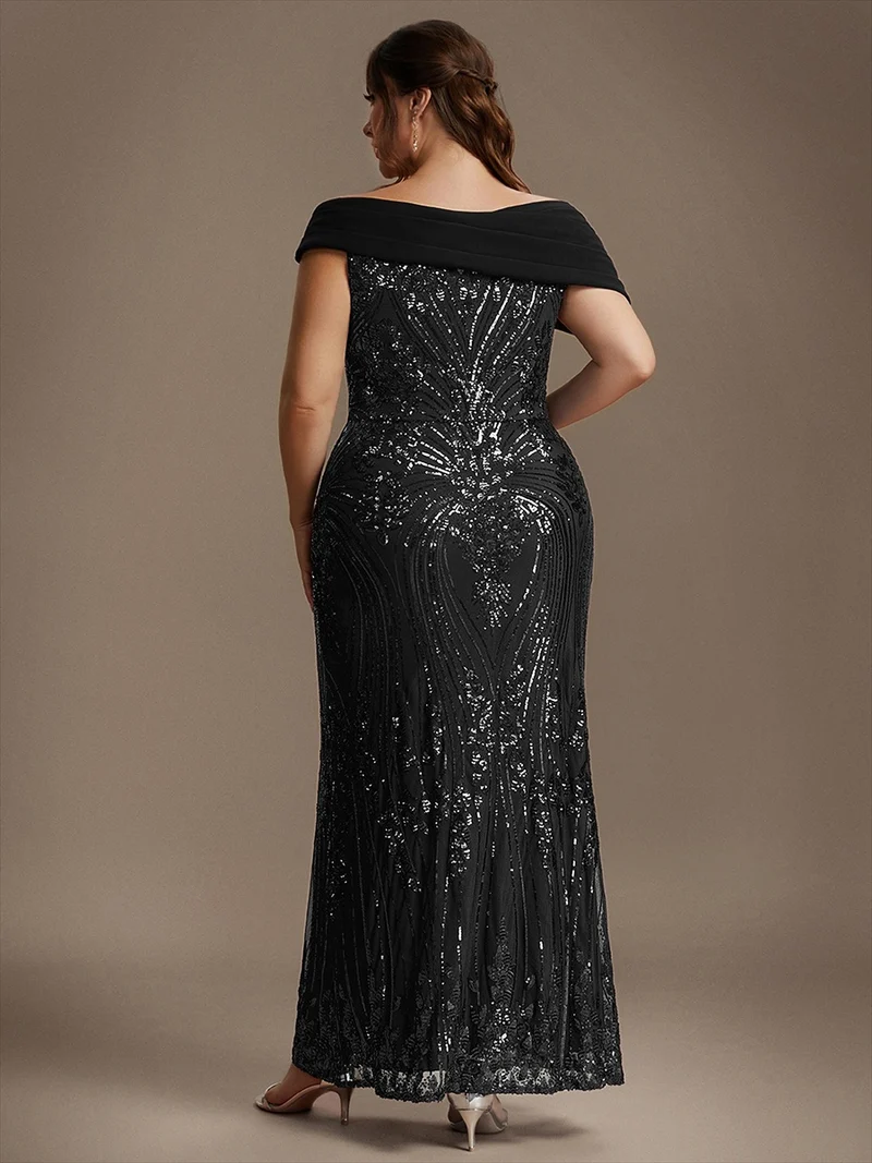 Robe de soirée longue à paillettes, col asymétrique et épaules dénudées
