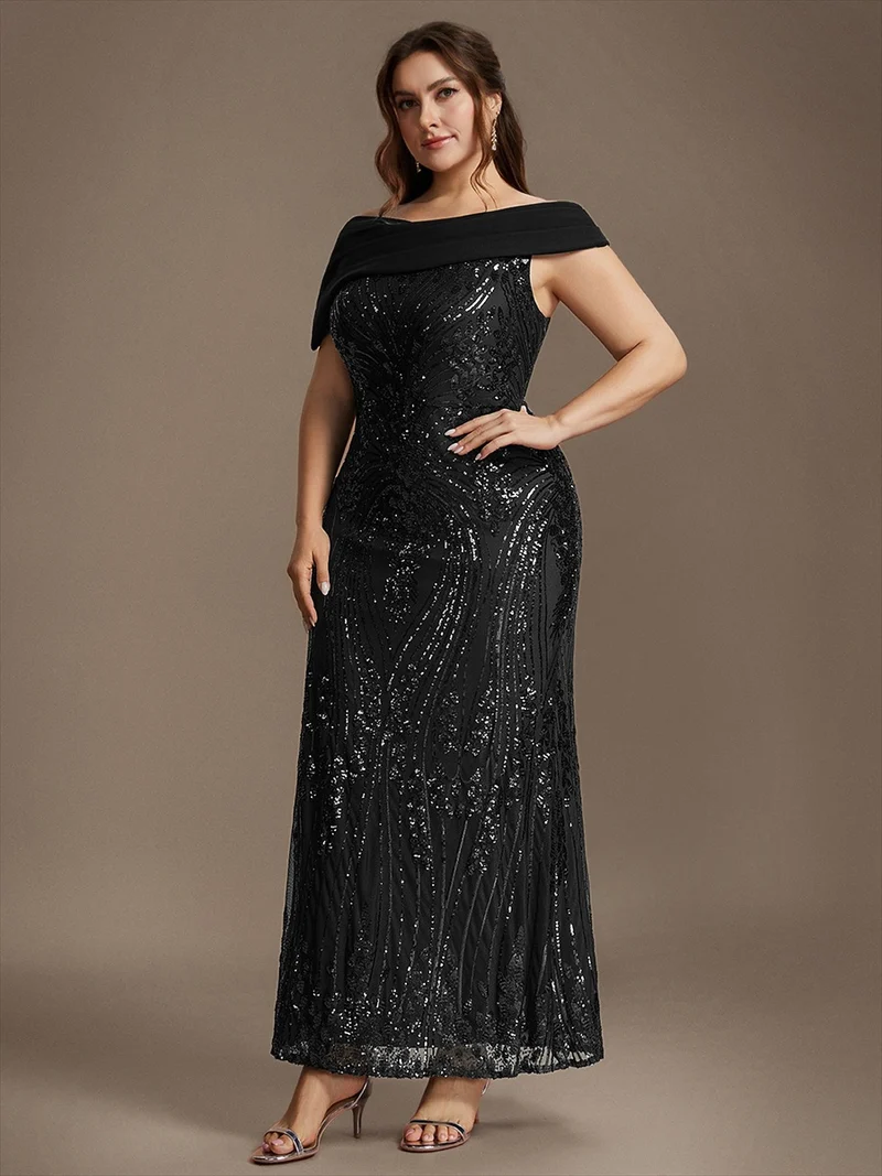 Robe de soirée longue à paillettes, col asymétrique et épaules dénudées