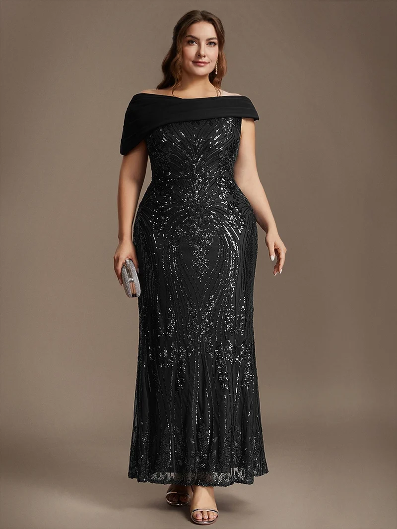 Robe de soirée longue à paillettes, col asymétrique et épaules dénudées