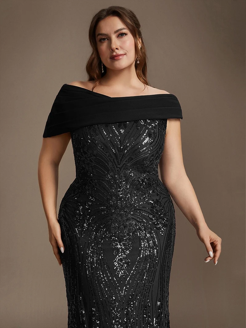 Robe de soirée longue à paillettes, col asymétrique et épaules dénudées