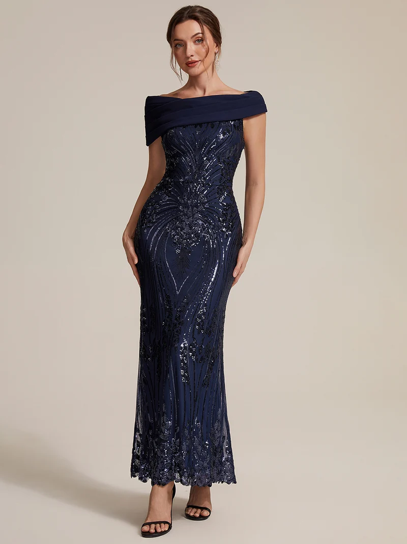 Robe de soirée longue à paillettes, col asymétrique et épaules dénudées