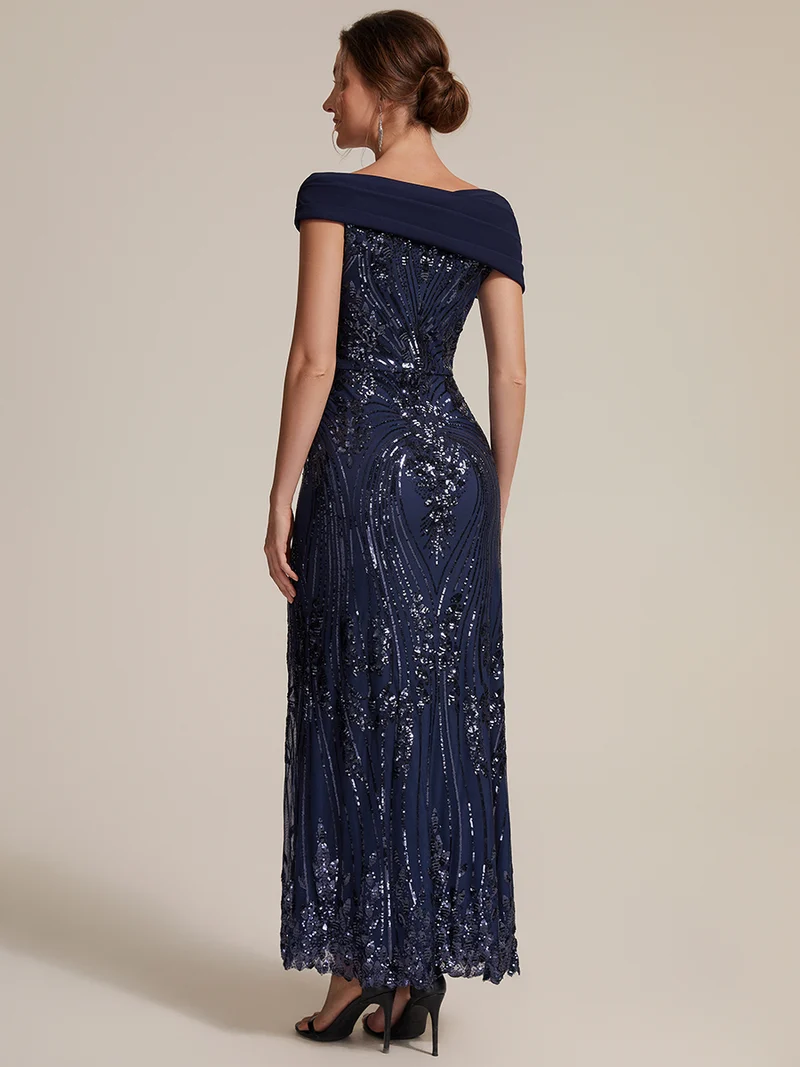 Robe de soirée longue à paillettes, col asymétrique et épaules dénudées