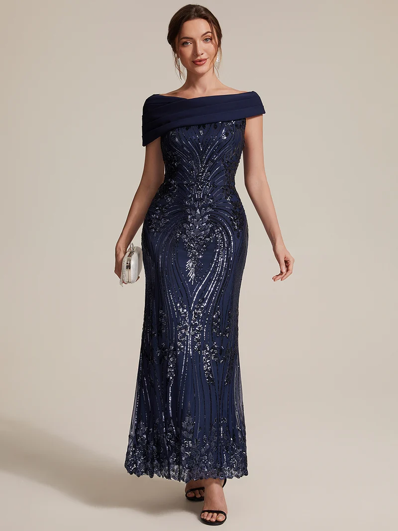 Robe de soirée longue à paillettes, col asymétrique et épaules dénudées