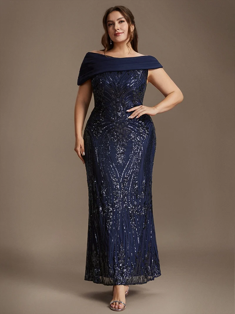 Robe de soirée longue à paillettes, col asymétrique et épaules dénudées