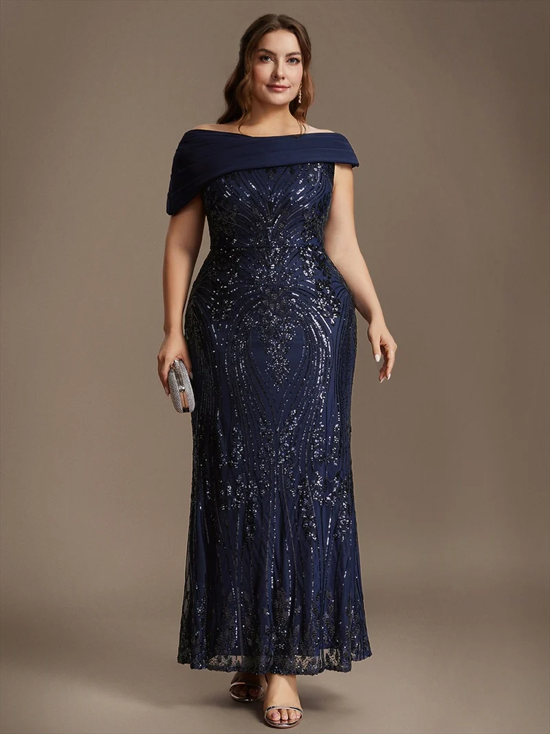 Robe de soirée longue à paillettes, col asymétrique et épaules dénudées