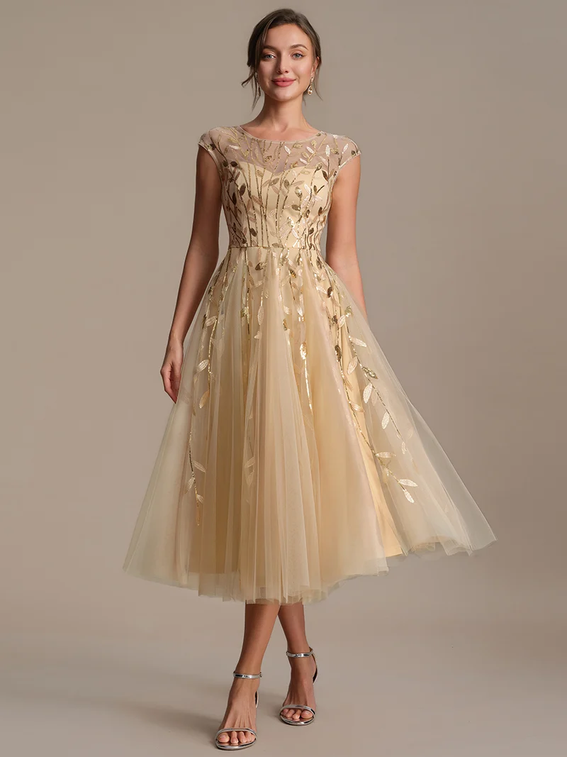 Robe de soirée mi-longue à paillettes avec manches cape