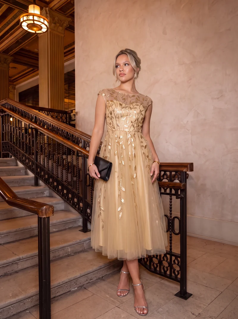 Robe de soirée mi-longue à paillettes avec manches cape