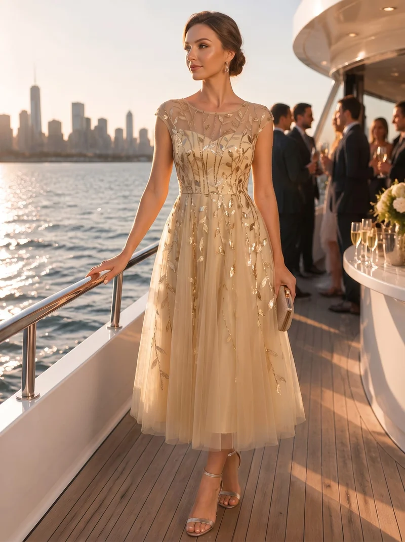 Robe de soirée mi-longue à paillettes avec manches cape