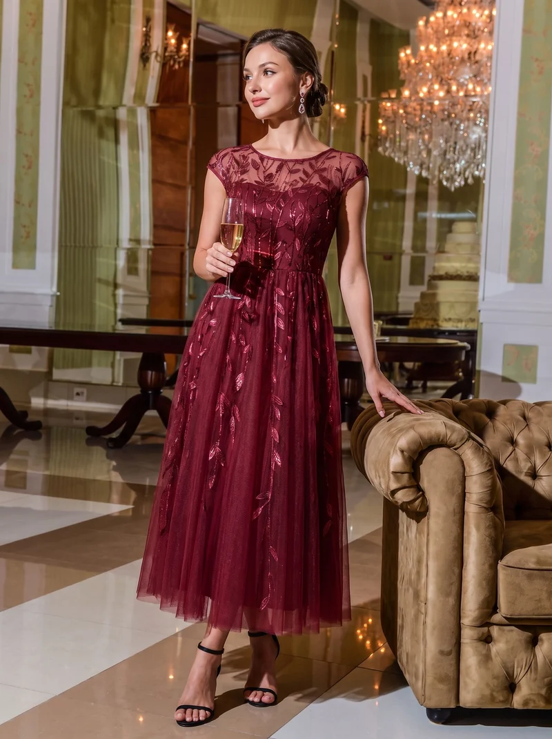 Robe de soirée mi-longue à paillettes avec manches cape