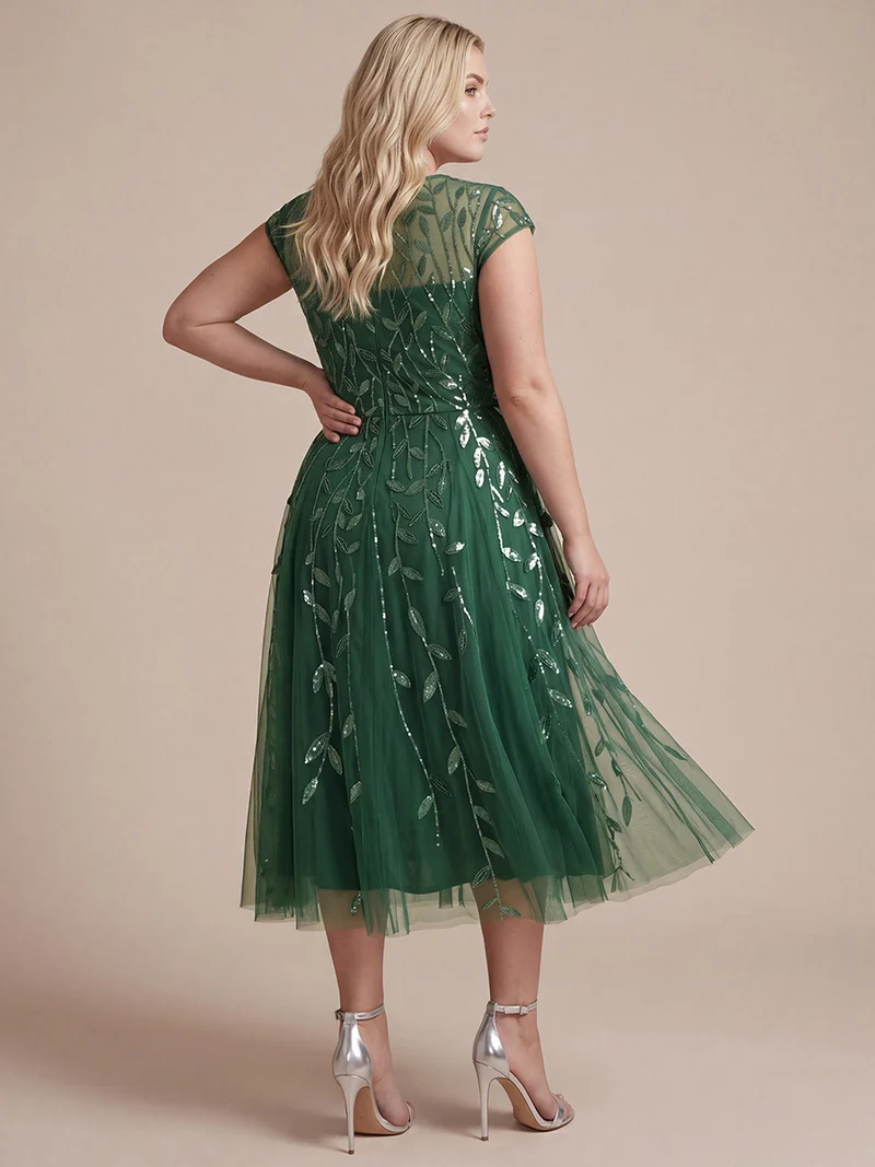 Robe de soirée mi-longue à paillettes avec manches cape