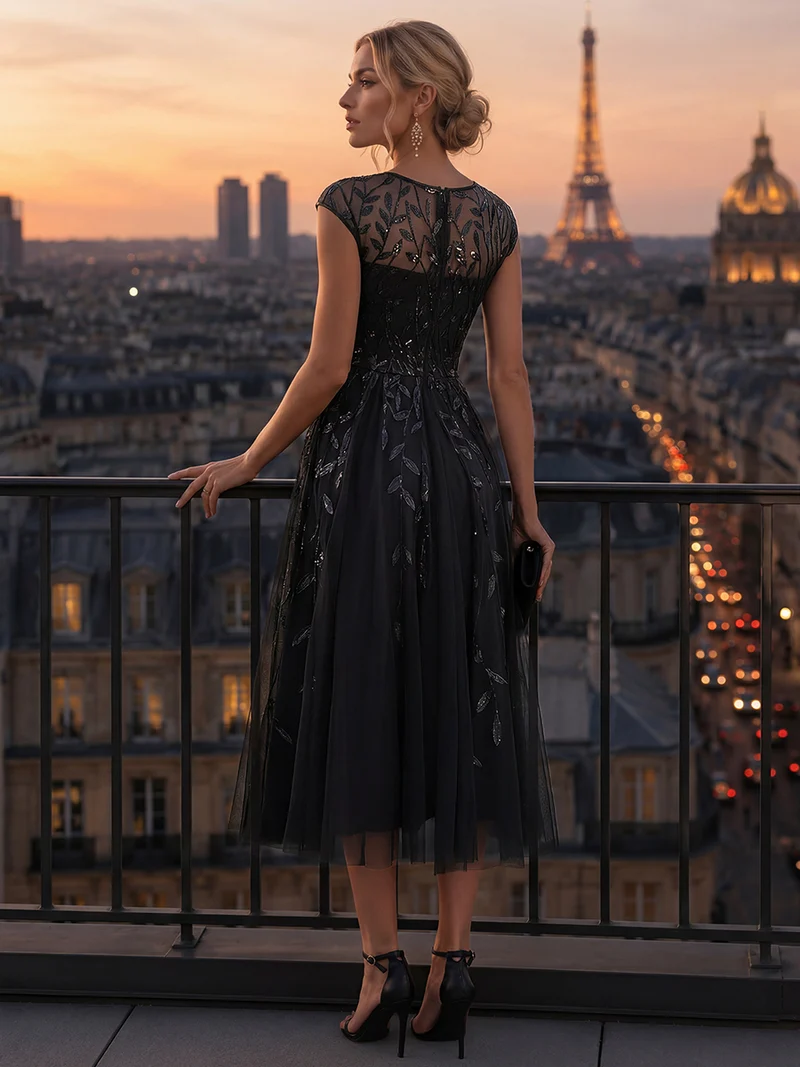 Robe de soirée mi-longue à paillettes avec manches cape