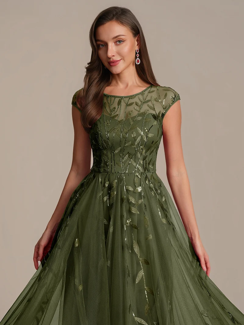 Robe de soirée mi-longue à paillettes avec manches cape