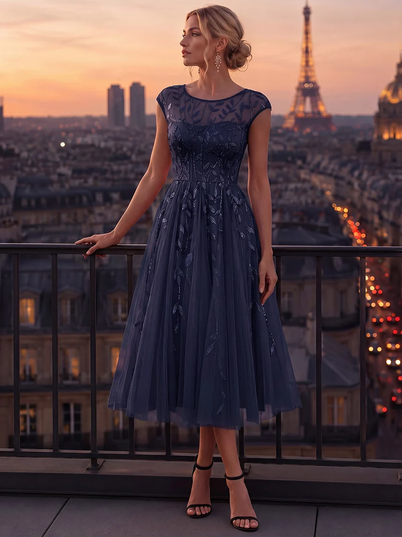 Robe de soirée mi-longue à paillettes avec manches cape