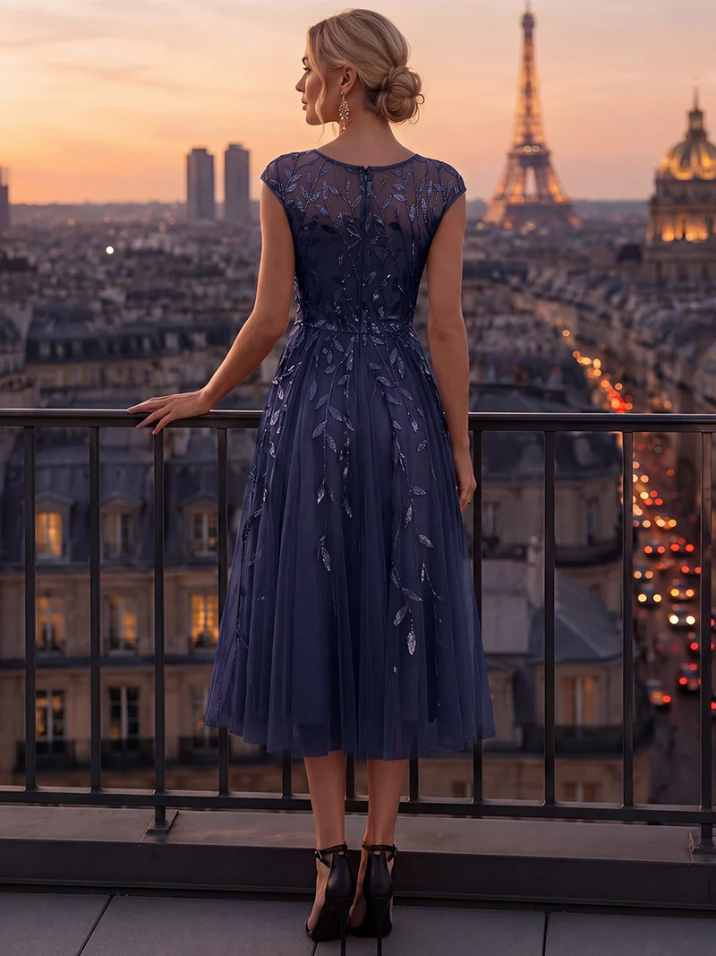Robe de soirée mi-longue à paillettes avec manches cape