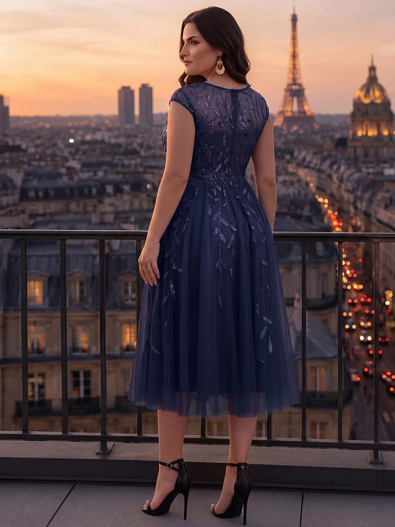 Robe de soirée mi-longue à paillettes avec manches cape