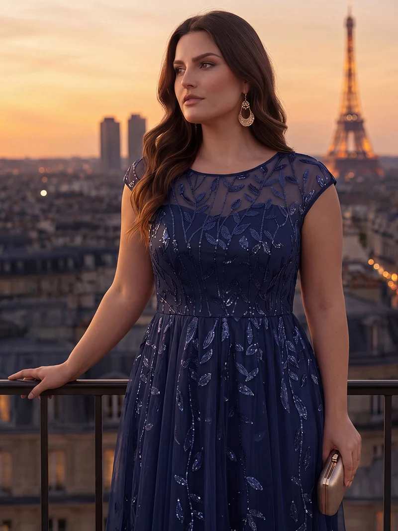 Robe de soirée mi-longue à paillettes avec manches cape