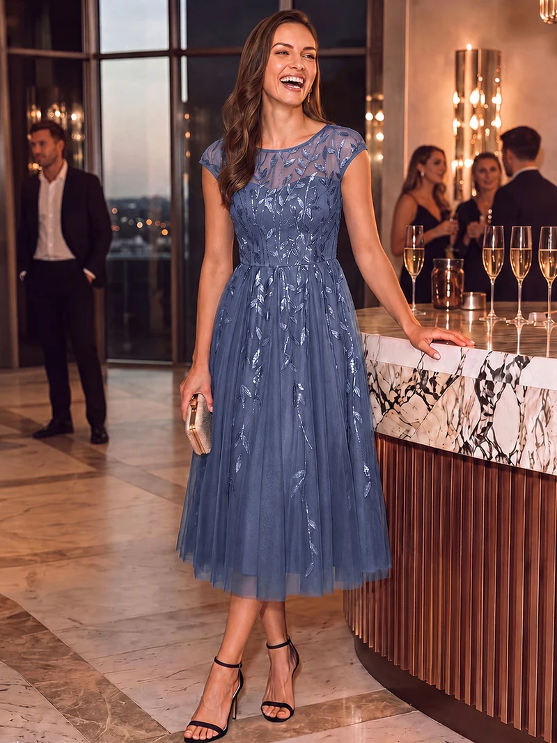Robe de soirée mi-longue à paillettes avec manches cape