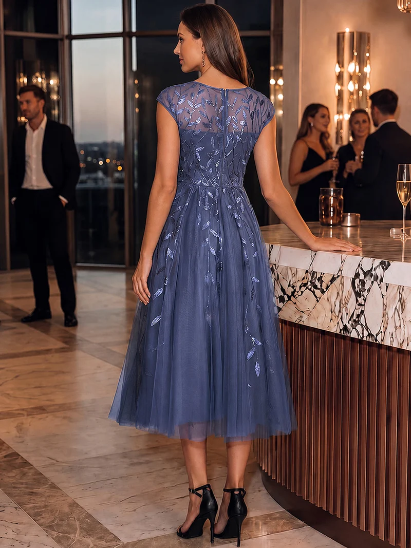 Robe de soirée mi-longue à paillettes avec manches cape