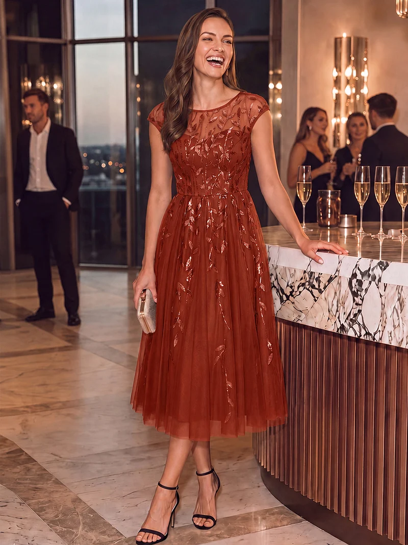 Robe de soirée mi-longue à paillettes avec manches cape