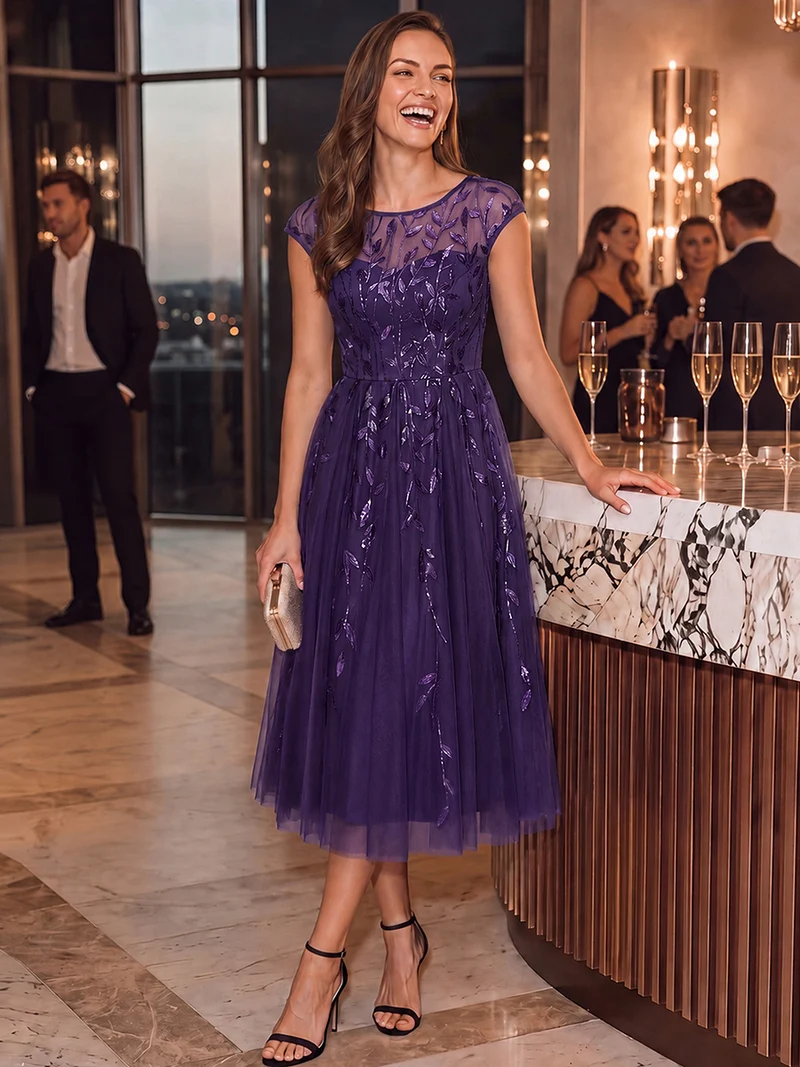 Robe de soirée mi-longue à paillettes avec manches cape